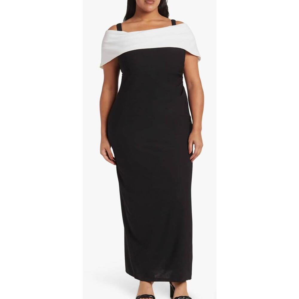 NWT Marina Black & Ivory Off-Shoulder Formal Gown Size 16W Elegant Evening Dress